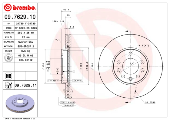 Тормозной диск   09.7629.10   BREMBO