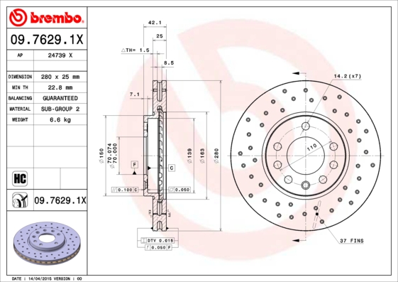 Гальмівний диск, BREMBO 09.7629.1X Гальмівний диск, BREMBO 09.7629.1X