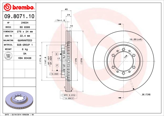 Тормозной диск   09.8071.10   BREMBO