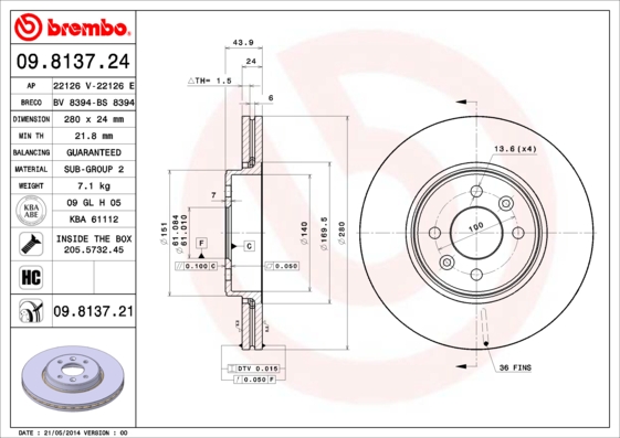 Тормозной диск   09.8137.21   BREMBO