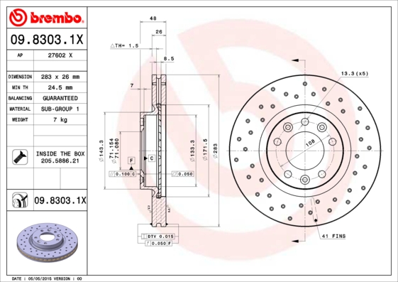 Гальмівний диск   09.8303.1X   BREMBO