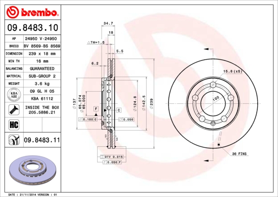 Тормозной диск   09.8483.11   BREMBO