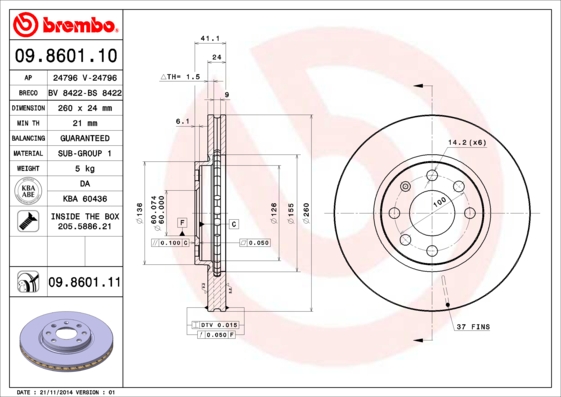 Тормозной диск   09.8601.11   BREMBO