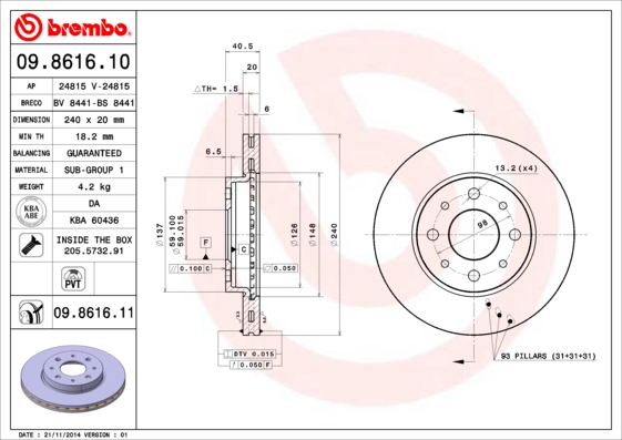 Тормозной диск   09.8616.10   BREMBO