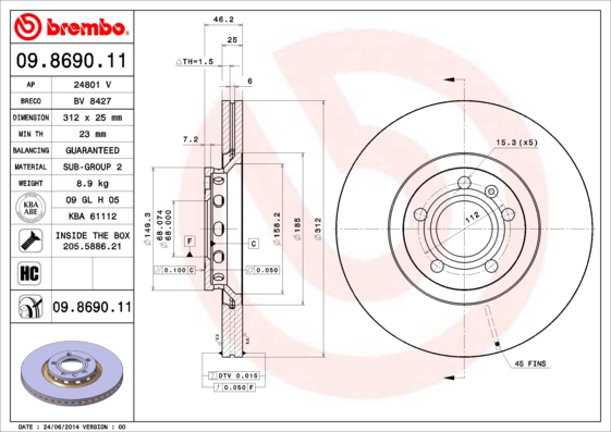 Тормозной диск   09.8690.11   BREMBO