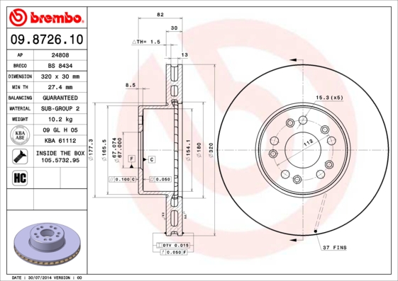 Тормозной диск   09.8726.10   BREMBO