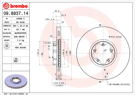 Тормозной диск   09.8837.14   BREMBO