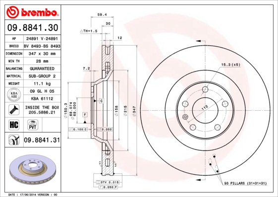 Тормозной диск   09.8841.31   BREMBO