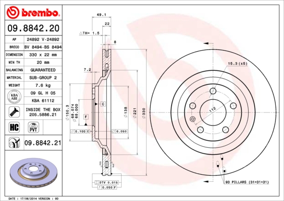 Тормозной диск   09.8842.21   BREMBO