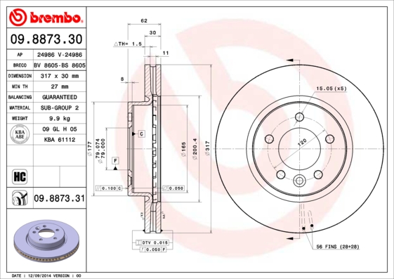 Гальмівний диск   09.8873.31   BREMBO