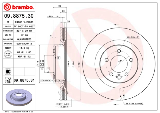 Тормозной диск   09.8875.31   BREMBO