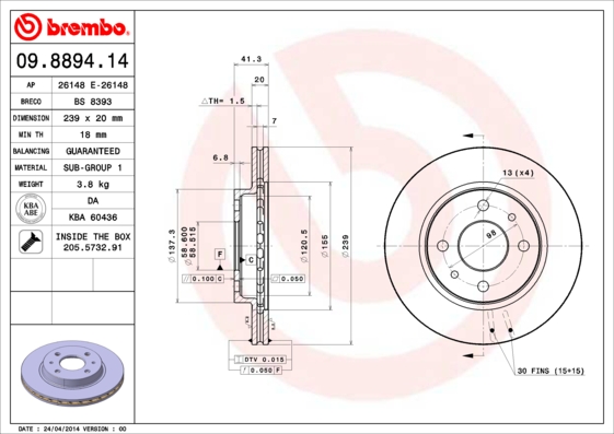 Тормозной диск   09.8894.14   BREMBO