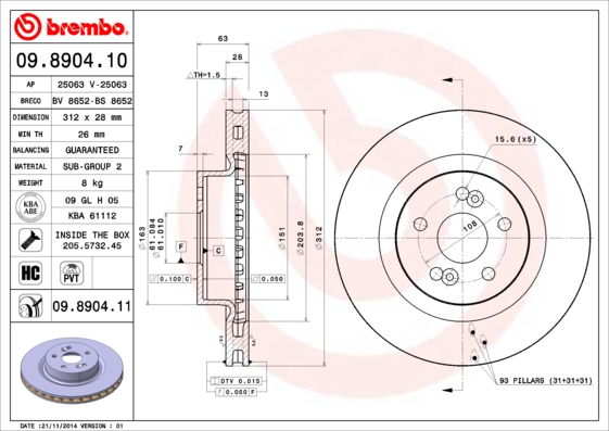 Тормозной диск   09.8904.11   BREMBO