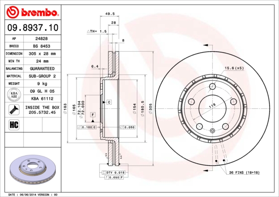 Тормозной диск   09.8937.10   BREMBO