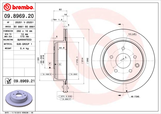 Гальмівний диск   09.8969.20   BREMBO