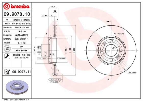 Тормозной диск   09.9078.10   BREMBO