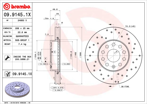 Гальмівний диск   09.9145.1X   BREMBO