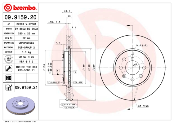 Тормозной диск   09.9159.21   BREMBO