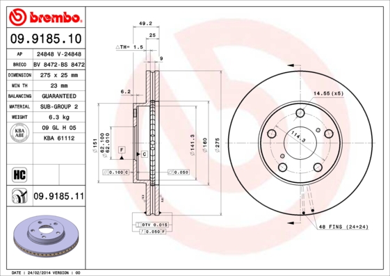 Тормозной диск   09.9185.10   BREMBO