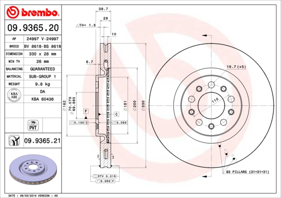 Тормозной диск   09.9365.21   BREMBO