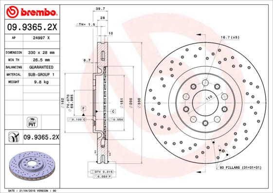 Тормозной диск   09.9365.2X   BREMBO