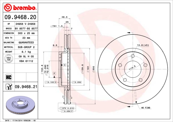 Гальмівний диск   09.9468.20   BREMBO