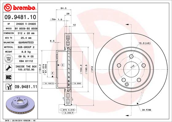 Тормозной диск   09.9481.11   BREMBO