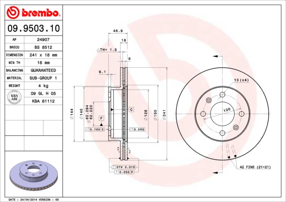 Тормозной диск   09.9503.10   BREMBO