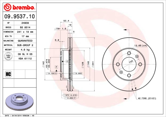 Гальмівний диск   09.9537.10   BREMBO