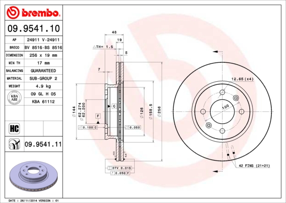 Тормозной диск   09.9541.10   BREMBO