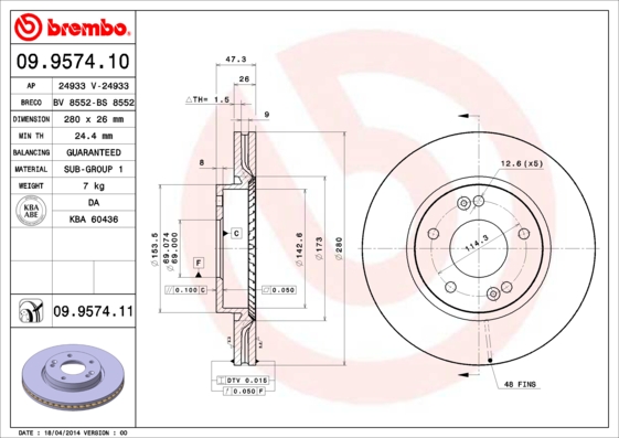 Гальмівний диск   09.9574.10   BREMBO