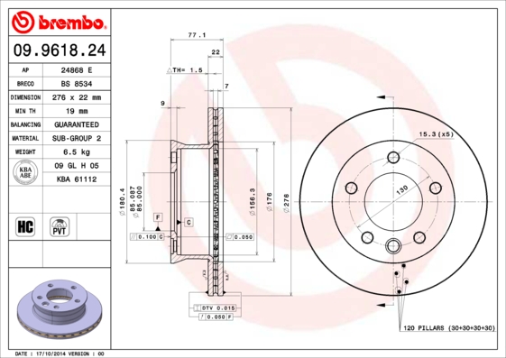 Гальмівний диск   09.9618.24   BREMBO