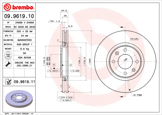 Тормозной диск   09.9619.11   BREMBO