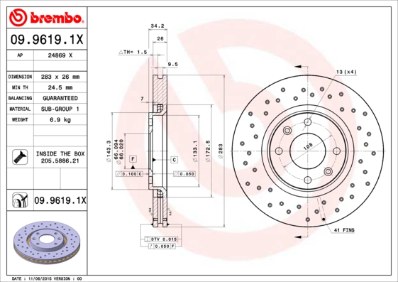 Гальмівний диск   09.9619.1X   BREMBO