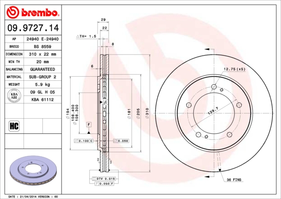 Тормозной диск   09.9727.14   BREMBO