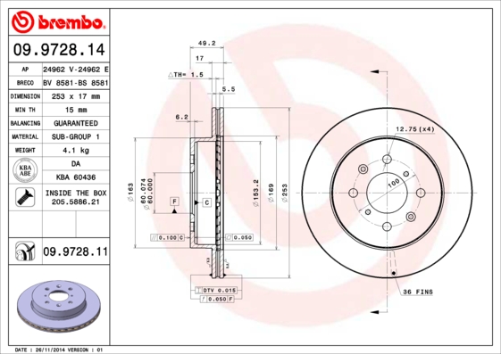 Тормозной диск   09.9728.11   BREMBO