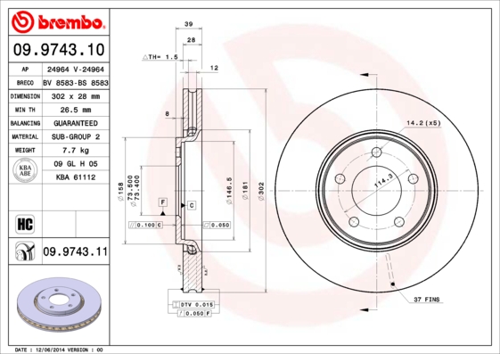 Тормозной диск   09.9743.11   BREMBO