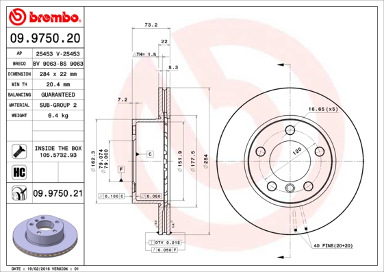 Тормозной диск   09.9750.21   BREMBO