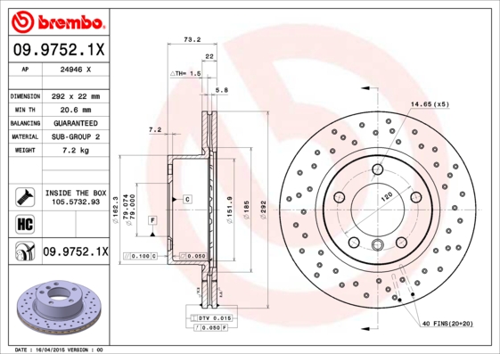 Тормозной диск   09.9752.1X   BREMBO