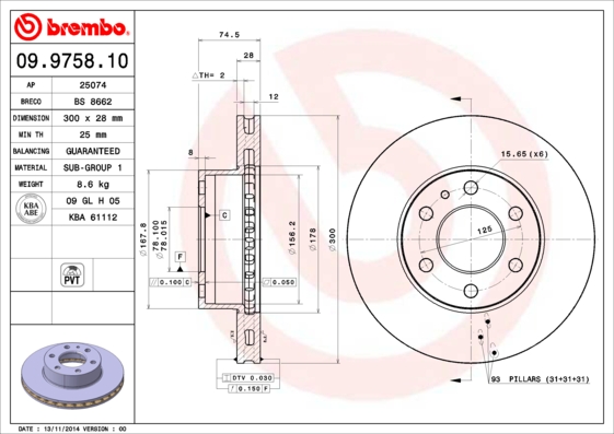 Тормозной диск   09.9758.10   BREMBO