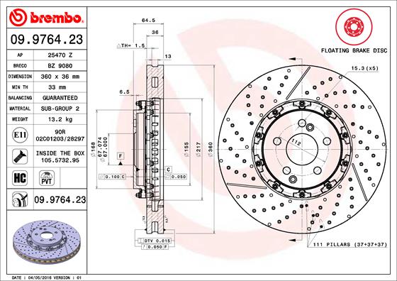 Тормозной диск   09.9764.23   BREMBO