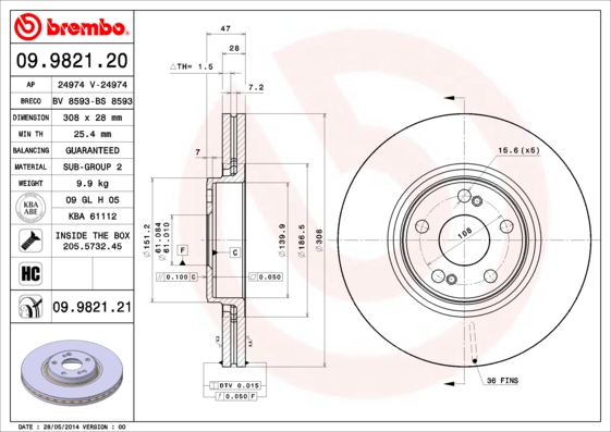 Тормозной диск   09.9821.21   BREMBO