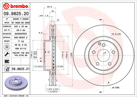 Тормозной диск   09.9825.21   BREMBO