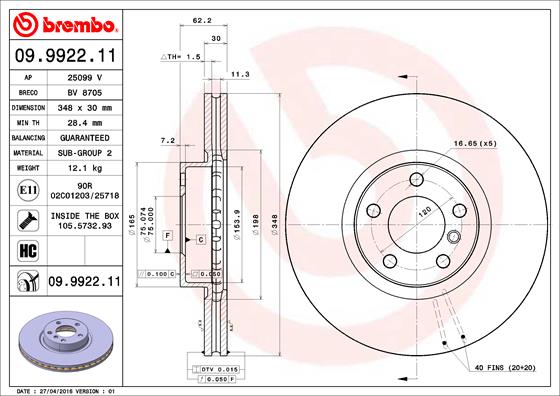 Гальмівний диск   09.9922.11   BREMBO