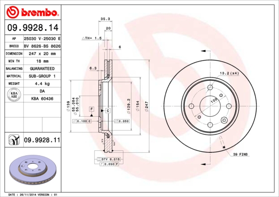 Тормозной диск   09.9928.11   BREMBO