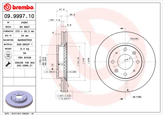 Тормозной диск   09.9997.10   BREMBO