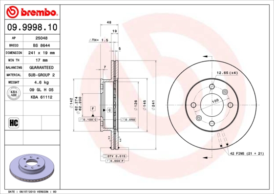 Тормозной диск   09.9998.10   BREMBO