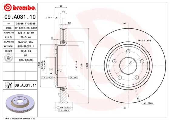 Гальмівний диск   09.A031.11   BREMBO