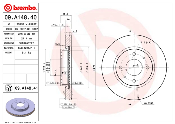 Тормозной диск   09.A148.41   BREMBO