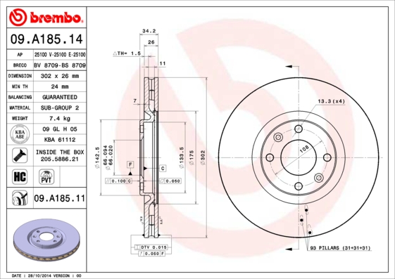 Тормозной диск   09.A185.11   BREMBO